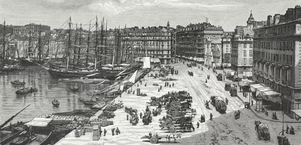 the-port-of-marseille-france-wood-engraving-published-in1897-illustration-id969542618
