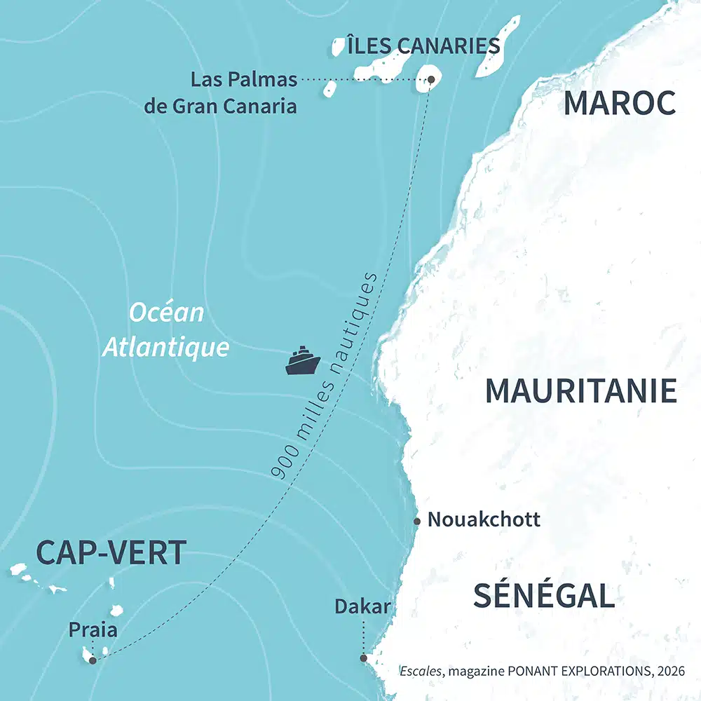 Cartographie représentant les îles du Cap-Vert et des Canaries au large des côtes africaines et la distance entre les deux archipels.